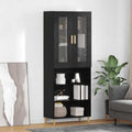 Hochschrank aus Glas und Holzwerkstoff in Schwarz und Eichenbraun