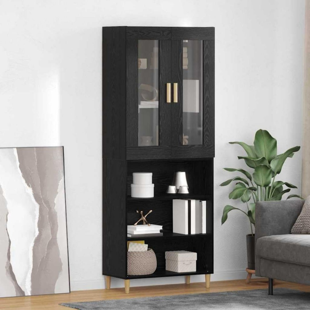 Hochschrank aus Glas und Holzwerkstoff in Schwarz und Eichenbraun