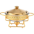 Ein goldfarbener Mini Warmhaltetopf mit separater Brennstoffablage