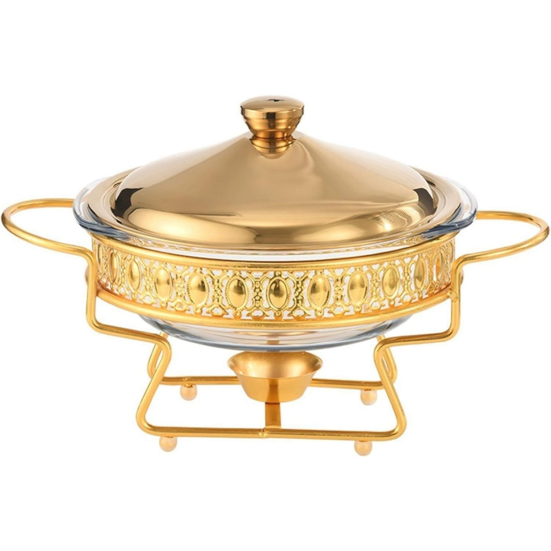 Ein goldfarbener Mini Warmhaltetopf mit separater Brennstoffablage