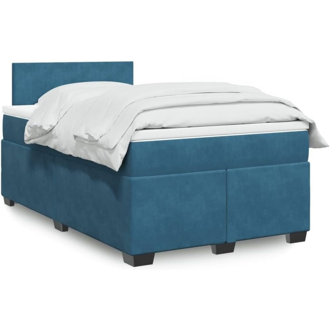 Das Boxspringbett misst 120 x 190 cm in Blau