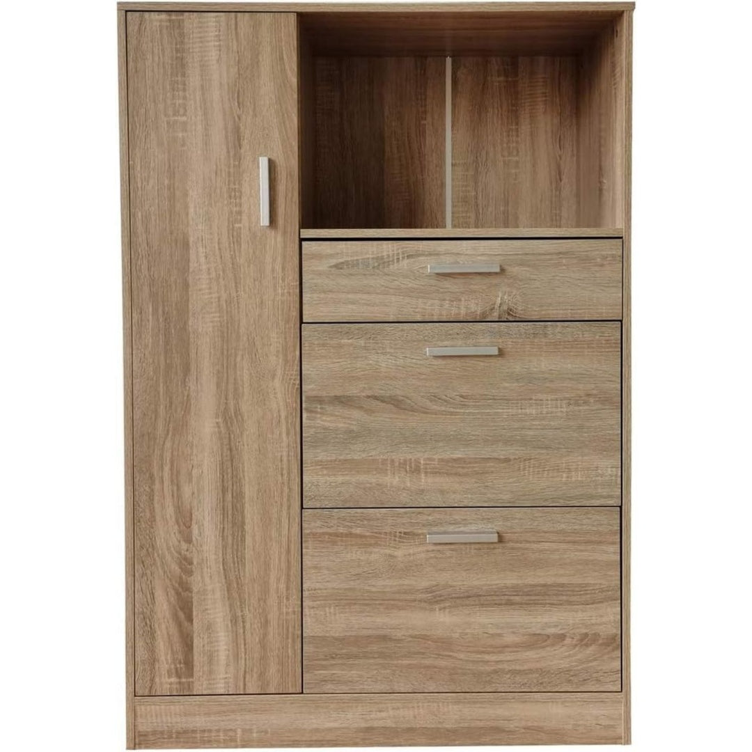 Das Sideboard setzt auf Schubladen in Eichenbraun